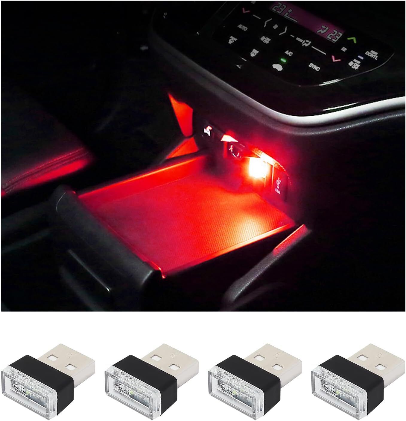 4 lámparas LED USB para el interior del automóvil, luz nocturna de decoración